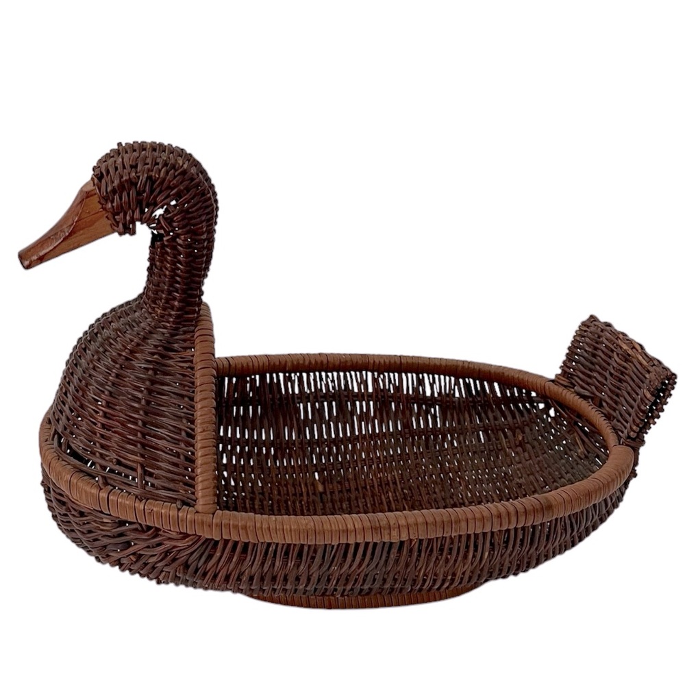 Vintage Wicker Rattan Duck Goose Basket Woven Tail Feather